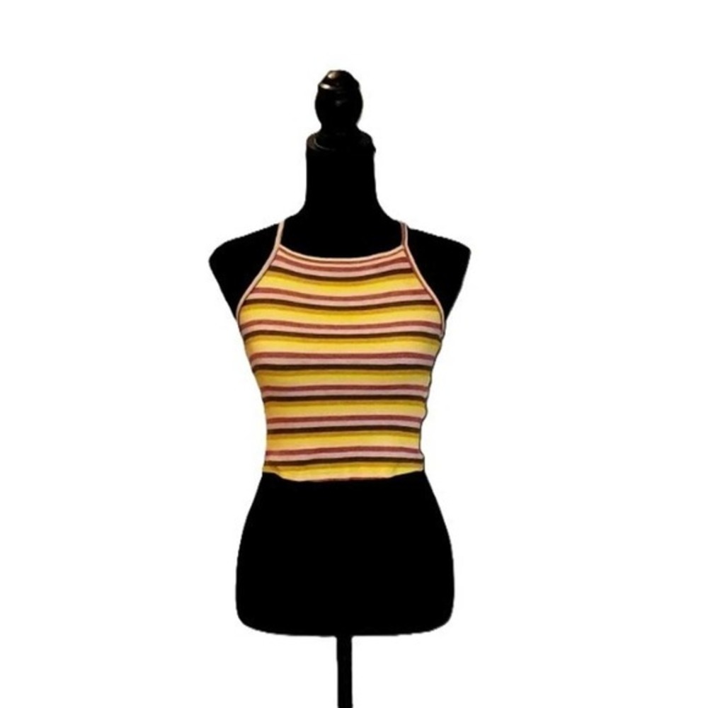 NEW RVCA Striped Ribbed Knit Crop Top Halter High Neck Multi Color XS Small